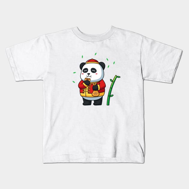 Cute panda eating with chinese costume Kids T-Shirt by onama.std